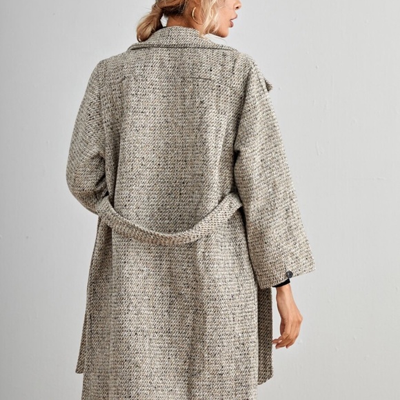 button closure tweed beige trench pea coat belted - Picture 5 of 6